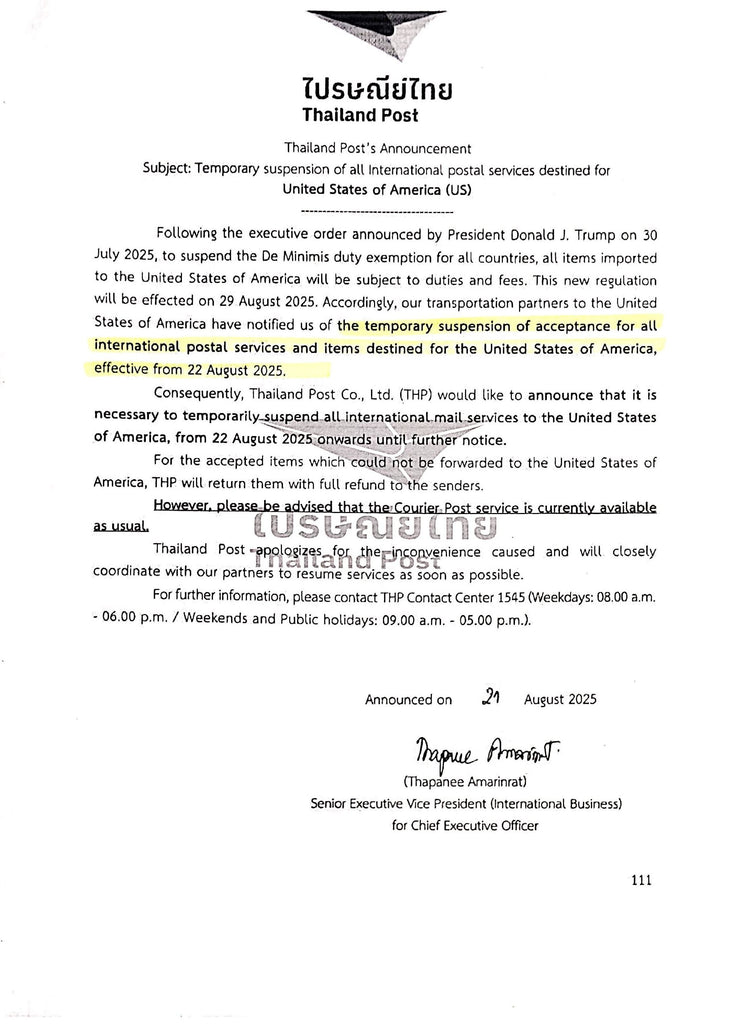 Latest News Update From Thailand Post & United States Postal Service (15 SEP'25)