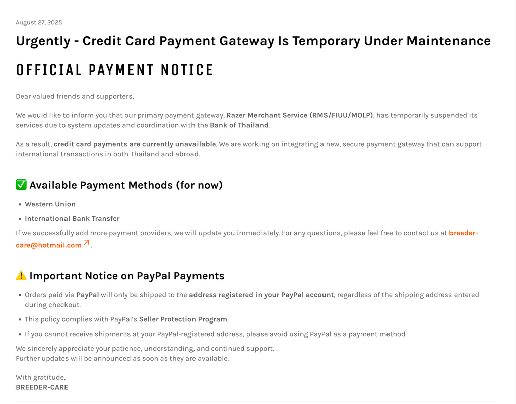 Urgently - Credit Card Payment Gateway Is Temporary Under Maintenance